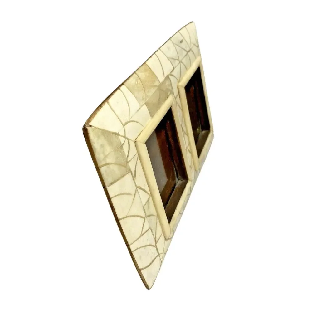 Unique double photo frame wood & stone two pictures standing table top holder